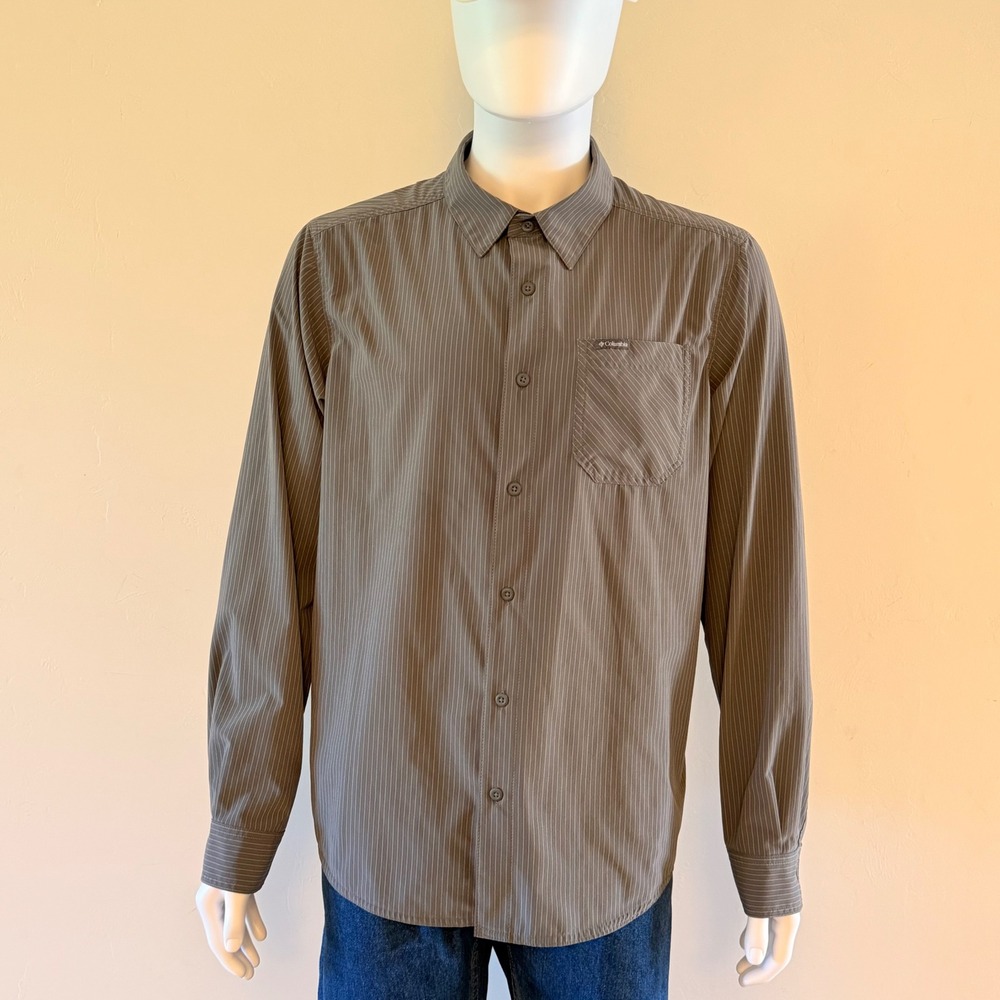 Columbia Mens Brown Pinstripe Stretch Long Sleeve Button‎ Up Shirt Size L